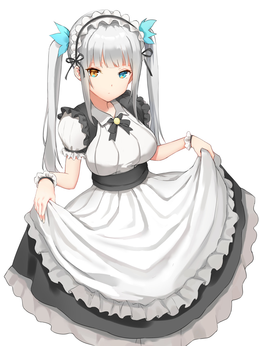 1328948849 1girl absurdres apron black_headwear collared_dress frilled_apron frills gloves hat heterochromia highres kagura_mea kagura_mea_channel maid peaked_cap silver_hair twintails virtual_youtuber white_apron white_gloves