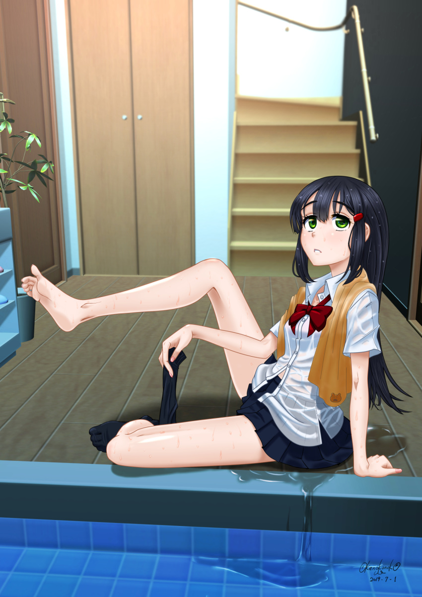 1girl arm_support barefoot black_hair bow bowtie commentary_request green_eyes hair_ornament hairclip highres okenokoneko original parted_lips plant pleated_skirt puddle red_neckwear school_uniform see-through shirt short_sleeves skirt socks_removed soles solo stairs unbuttoned wet wet_clothes wet_hair wet_shirt white_shirt