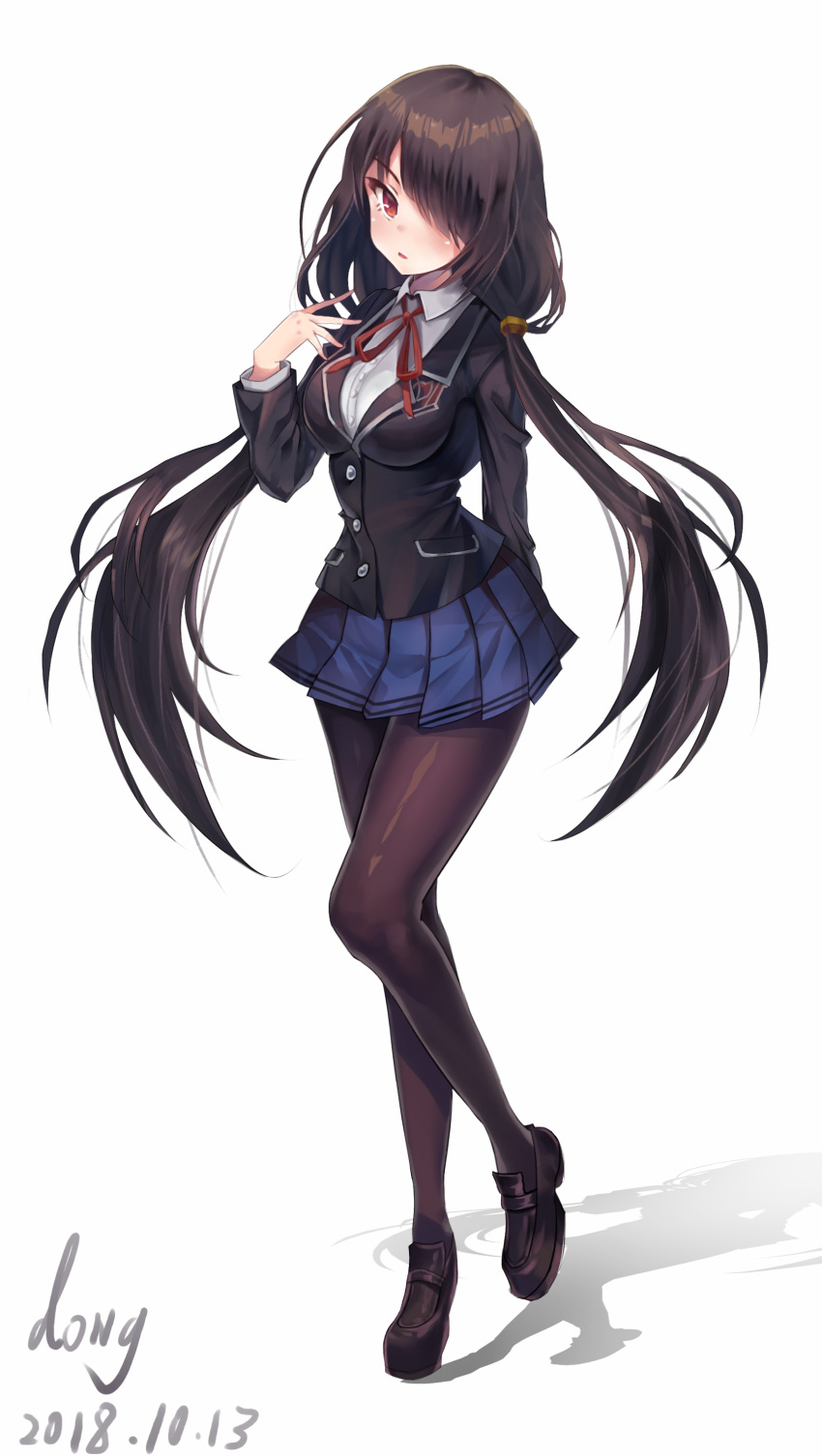 1girl absurdres bad_id bad_twitter_id black_hair black_legwear blush commentary date_a_live derivative_work full_body hair_over_one_eye highres loafers long_hair looking_at_viewer pantyhose red_eyes school_uniform shoes simple_background skirt solo standing tokisaki_kurumi twintails white_background wo_jiushi_kanbudong