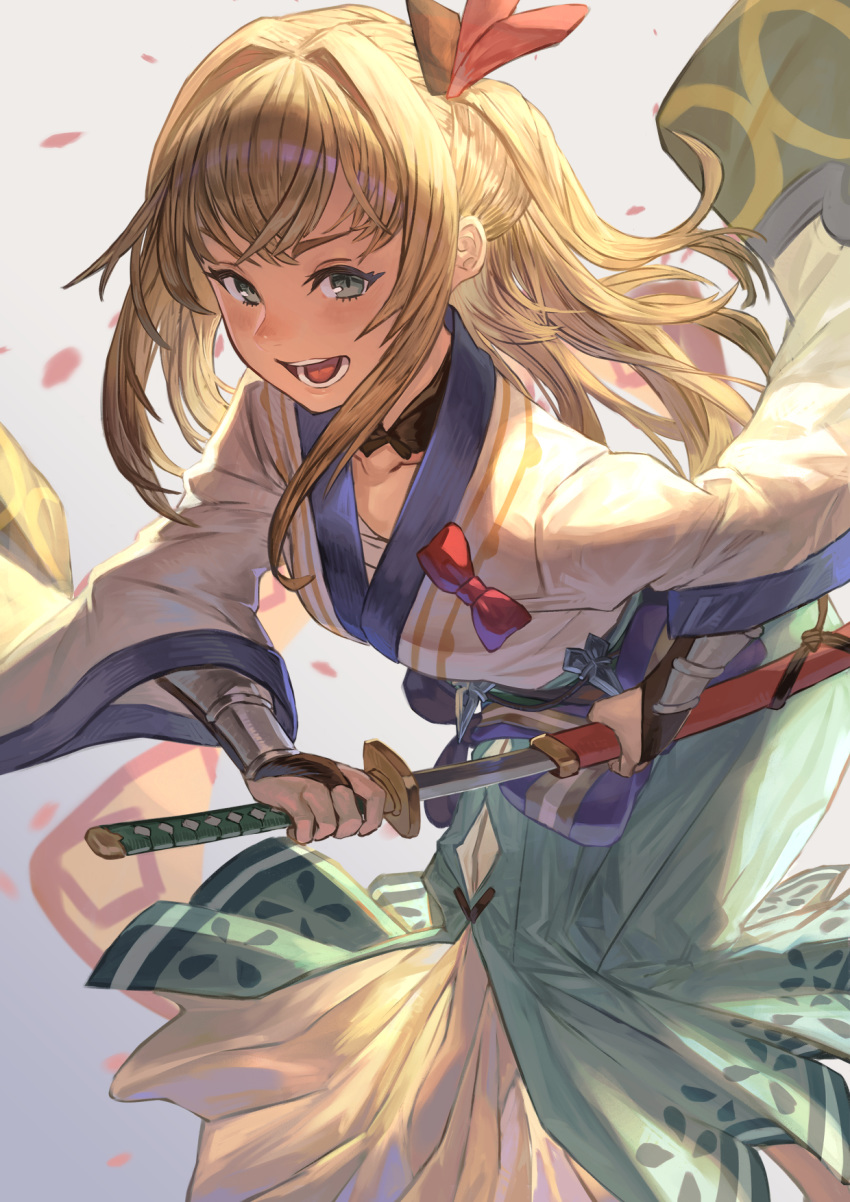 1girl bangs blonde_hair bow granblue_fantasy green_eyes hair_bow highres holding holding_sword holding_weapon japanese_clothes katana konoike_(pepe_expect) long_sleeves mirin_(granblue_fantasy) open_mouth petals ponytail simple_background solo sword weapon white_background