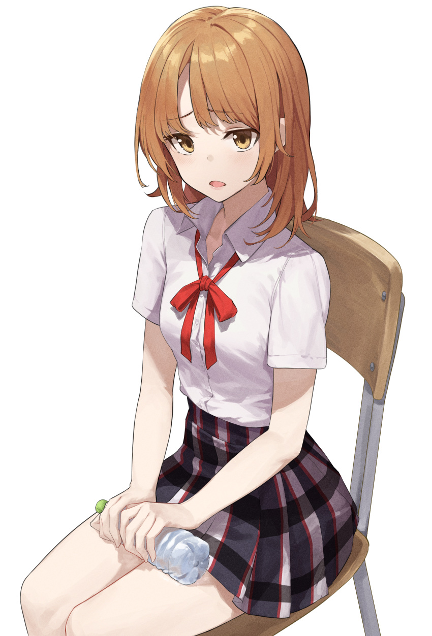 1girl absurdres bangs blush bottle breasts brown_eyes brown_hair chair collarbone collared_shirt commentary_request eyebrows_visible_through_hair highres holding isshiki_iroha looking_at_viewer medium_breasts medium_hair neck_ribbon open_mouth pleated_skirt red_ribbon ribbon school_uniform shirt short_sleeves simple_background sitting skirt smile solo star741 water_bottle white_background white_shirt yahari_ore_no_seishun_lovecome_wa_machigatteiru.