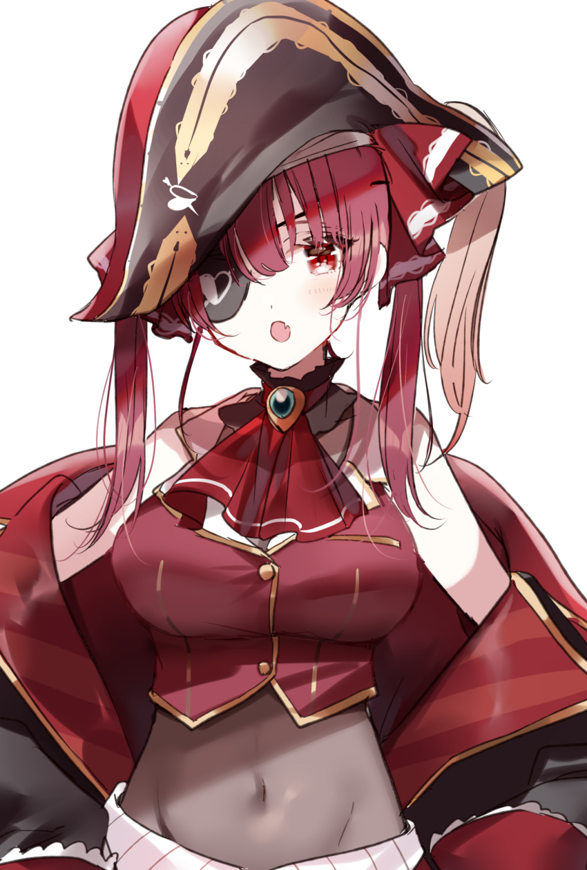 1girl arrow_(projectile) arrow_through_heart ascot bangs bare_shoulders bicorne black_headwear black_jacket blush breasts brooch covered_navel eyebrows_behind_hair eyepatch fang hair_between_eyes hat heart highres hololive houshou_marine jacket jewelry long_hair looking_at_viewer medium_breasts misumi_(macaroni) off_shoulder open_clothes open_jacket open_mouth red_eyes red_neckwear red_shirt redhead shirt simple_background sleeveless sleeveless_shirt solo twintails upper_body virtual_youtuber white_background