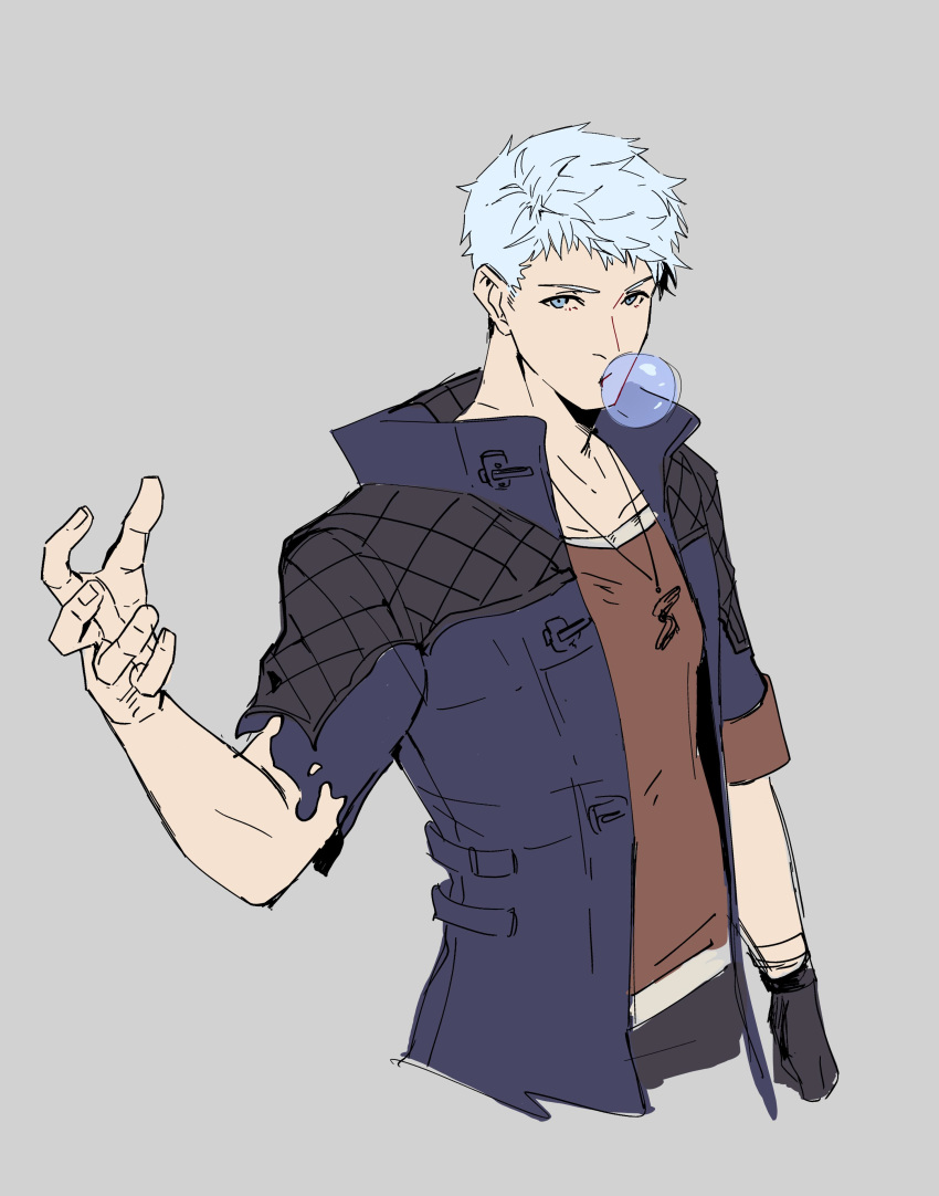 1boy absurdres black_gloves blue_coat blue_eyes bubble_blowing chewing_gum coat devil_may_cry devil_may_cry_5 fingernails gloves grey_background grey_hair highres holdp_a jewelry male_focus necklace nero_(devil_may_cry) padded_coat simple_background sketch solo torn_clothes torn_coat