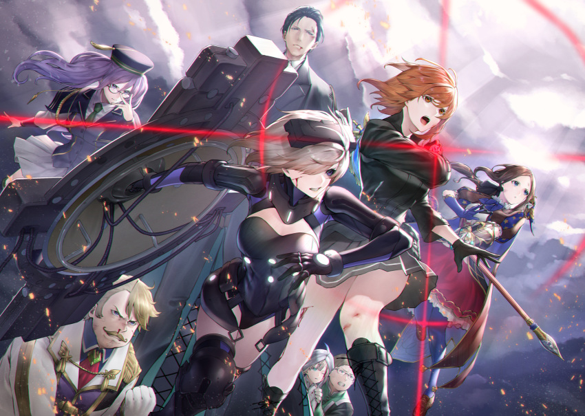 4boys 4girls adjusting_eyewear black_gloves black_hair black_miniskirt black_skirt blonde_hair blood brown_hair captain_nemo_(fate/grand_order) command_spell facial_hair fate/grand_order fate_(series) fujimaru_ritsuka_(female) glasses gloves goldorf_musik highres injury inner_miniskirt jeancle_abel_meuniere leonardo_da_vinci_(fate/grand_order) leonardo_da_vinci_(rider)_(fate) mash_kyrielight miniskirt mugetsu2501 mustache nosebleed orange_hair ortenaus purple_hair sherlock_holmes_(fate/grand_order) shield sion_eltnam_sokaris skirt staff turban twintails type-moon white_miniskirt