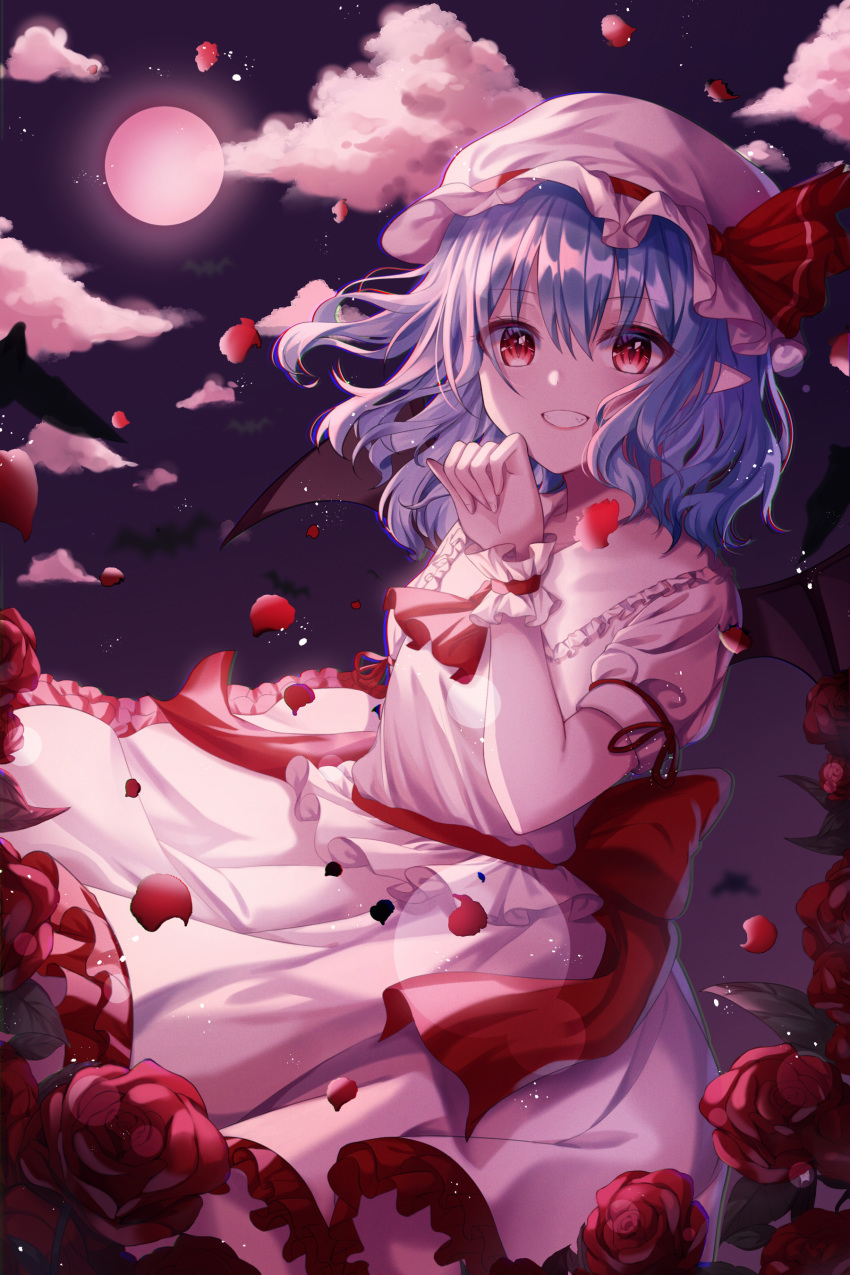 1girl :d absurdres ascot back_bow bat bat_wings black_wings blue_hair blush bow clouds dress flower frilled_dress frilled_shirt_collar frills full_moon grin hand_up hat hat_ornament hat_ribbon highres looking_at_viewer mob_cap moon nanna_(heyj2888) night night_sky open_mouth outdoors petals pink_dress pink_headwear pointy_ears red_bow red_eyes red_flower red_neckwear red_ribbon red_rose remilia_scarlet ribbon rose rose_petals short_hair short_sleeves sky smile solo teeth touhou wings wrist_cuffs