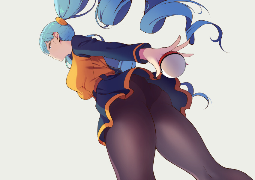 1girl absurdres ace_trainer_(pokemon) ass black_legwear blue_eyes blue_hair breasts from_below highres large_breasts mo3hig3 pantyhose poke_ball pokemon pokemon_(game) pokemon_bw pokemon_bw2 skirt solo standing thighs twintails upskirt
