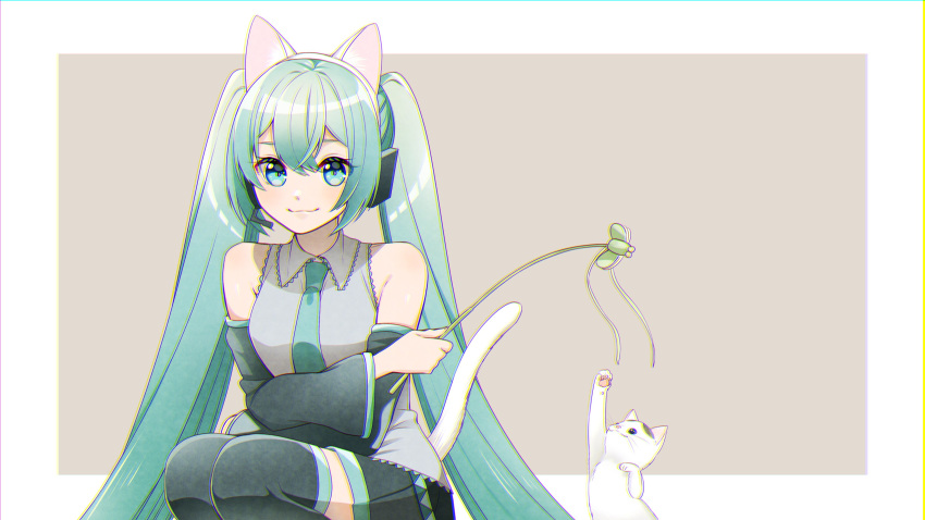 1girl :3 absurdres animal_ears aqua_eyes aqua_hair aqua_neckwear bare_shoulders beige_background black_legwear black_skirt black_sleeves cat cat_ears cat_tail cat_teaser commentary crossed_arms detached_sleeves grey_shirt hair_ornament hairband hatsune_miku headphones headset highres holding_toy long_hair looking_at_viewer masumofu necktie paw_up shirt skirt sleeveless sleeveless_shirt smile solo squatting tail thigh-highs twintails very_long_hair vocaloid white_cat white_tail zettai_ryouiki