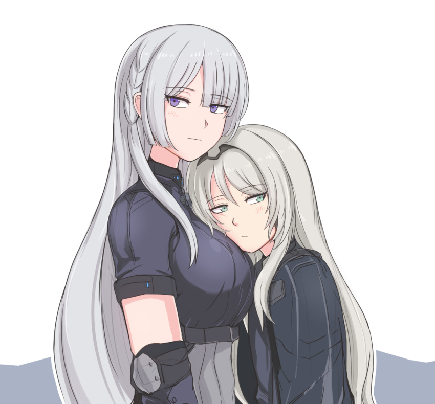 2girls ak-15_(girls_frontline) an-94_(girls_frontline) blush braid breast_pillow breasts commentary elbow_pads eyebrows_visible_through_hair girls_frontline green_eyes head_on_chest large_breasts long_hair looking_away multiple_girls platinum_blonde_hair selby silver_hair simple_background tsurime violet_eyes