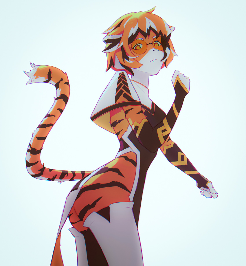 1girl animal_ears arknights ass bangs black_hair china_dress chinese_clothes closed_mouth dress fur furry glasses gloves highres looking_at_viewer multicolored_hair orange_eyes orange_fur orange_hair pelvic_curtain solo streaked_hair tail thick_eyebrows tiger_ears tiger_girl waai_fu_(arknights) white_hair