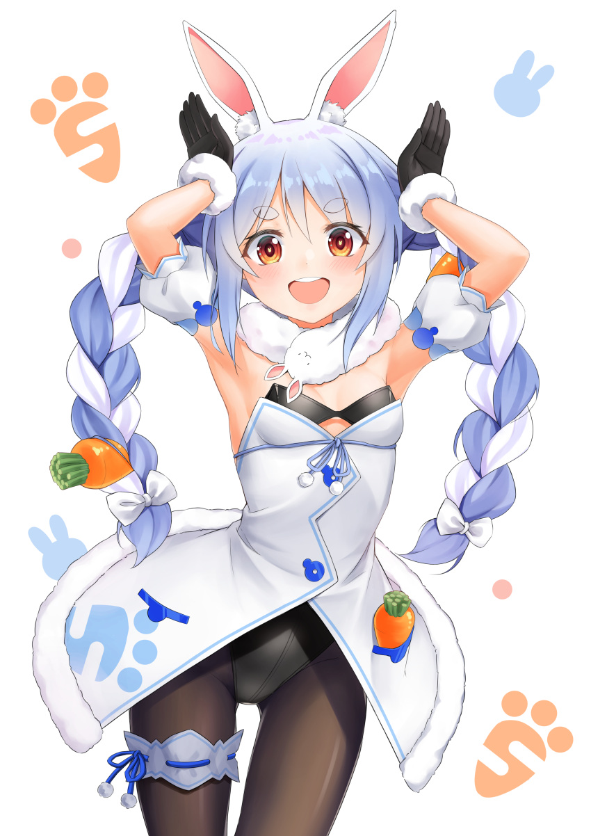 1girl :d absurdres animal_ear_fluff animal_ears armpits arms_up ass_visible_through_thighs bangs bare_shoulders black_gloves black_leotard blue_hair blush bow braid breasts brown_hair brown_legwear bunny_pose carrot_hair_ornament commentary_request detached_sleeves dress eyebrows_visible_through_hair food_themed_hair_ornament fur-trimmed_dress fur-trimmed_gloves fur_trim gloves hair_between_eyes hair_bow hair_ornament hakuya_kung highres hololive leotard long_hair multicolored_hair open_mouth pantyhose parted_bangs puffy_short_sleeves puffy_sleeves rabbit_ears round_teeth short_eyebrows short_sleeves small_breasts smile solo strapless strapless_dress strapless_leotard teeth thick_eyebrows twin_braids twintails two-tone_hair upper_teeth usada_pekora very_long_hair virtual_youtuber white_background white_bow white_dress white_hair white_sleeves