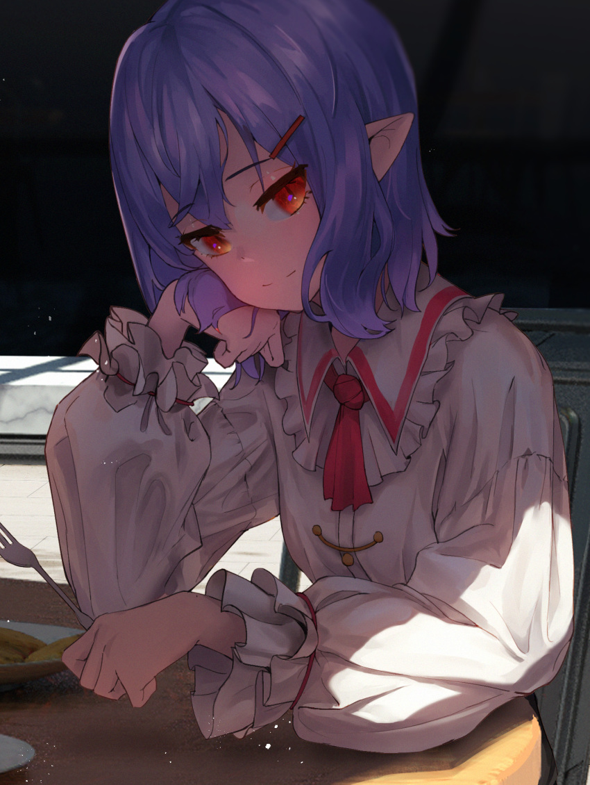 1girl arm_rest blue_hair chair cookie cravat crossed_legs day dress elbows_on_table food fork fruit hair_ornament hairclip head_rest head_tilt highres holding holding_fork light_smile looking_at_viewer no_headwear outdoors plate pointy_ears red_eyes red_neckwear remilia_scarlet short_hair sitting slit_pupils smile solo table touhou white_dress yaye