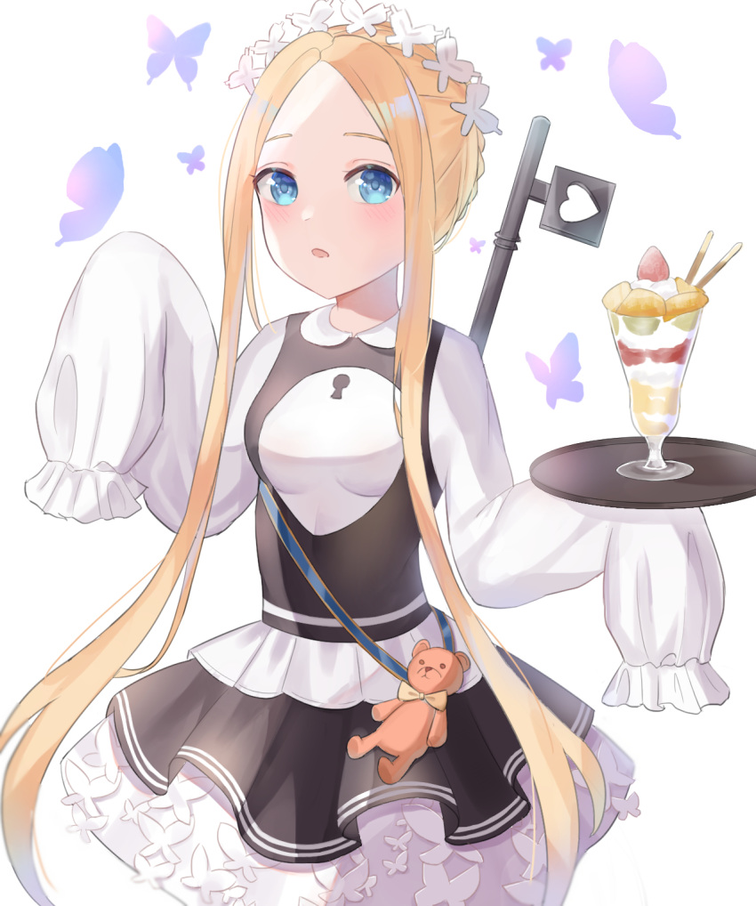 1girl abigail_williams_(fate/grand_order) artist_request bangs black_skirt blonde_hair blue_eyes blush breasts bug butterfly dress fate/grand_order fate_(series) forehead heroic_spirit_festival_outfit highres insect key keyhole layered_skirt long_hair long_sleeves looking_at_viewer maid_headdress open_mouth parfait parted_bangs sash simple_background skirt sleeves_past_fingers sleeves_past_wrists small_breasts stuffed_animal stuffed_toy teddy_bear tray white_dress