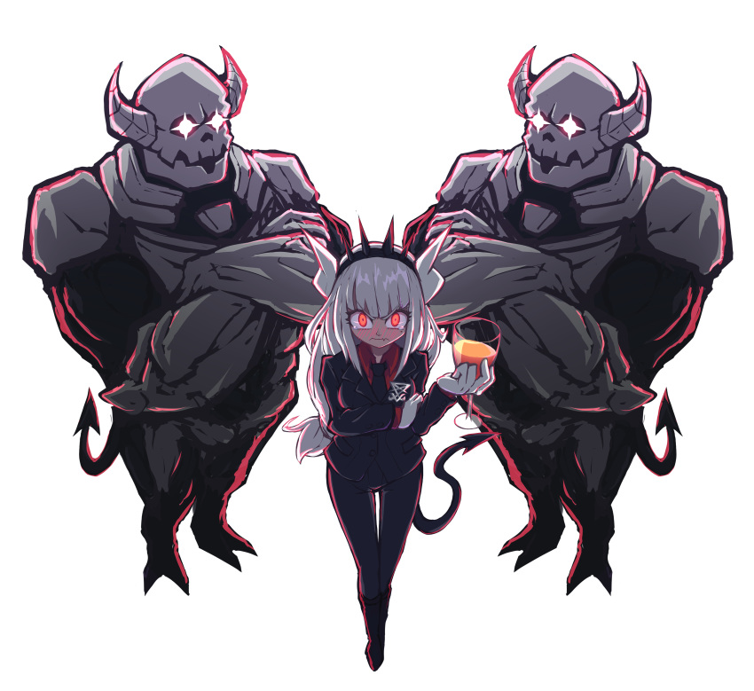 1girl 2boys absurdres black_footwear black_pants blush crossed_arms crown cup demon_tail drinking_glass frown glorious_success gloves helltaker highres horns krr316 looking_at_viewer lucifer_(helltaker) multiple_boys pants red_eyes red_shirt shirt tail white_gloves white_hair wine_glass