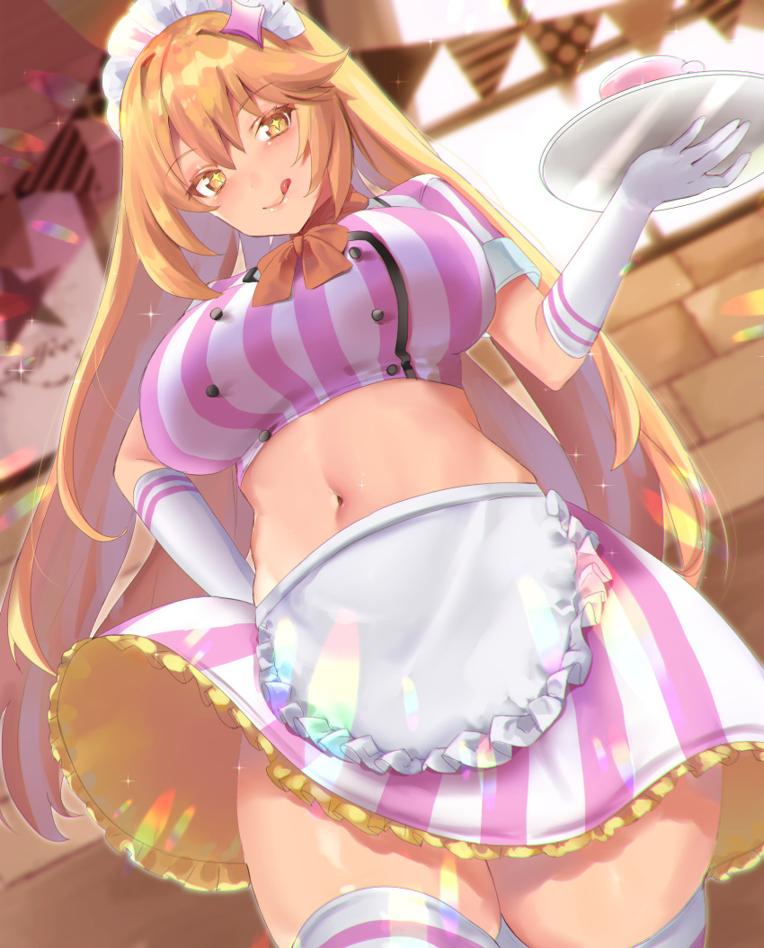 +_+ 1girl absurdres apron blonde_hair blush breasts cropped_shirt cup elbow_gloves gloves hair_ornament highres holding holding_plate indoors large_breasts licking_lips lips long_hair looking_at_viewer maid_apron maid_headdress midriff navel plate saise_chisa shokuhou_misaki short_sleeves skirt smile solo stomach symbol-shaped_pupils thigh-highs to_aru_kagaku_no_railgun to_aru_majutsu_no_index tongue tongue_out white_gloves white_legwear yellow_eyes