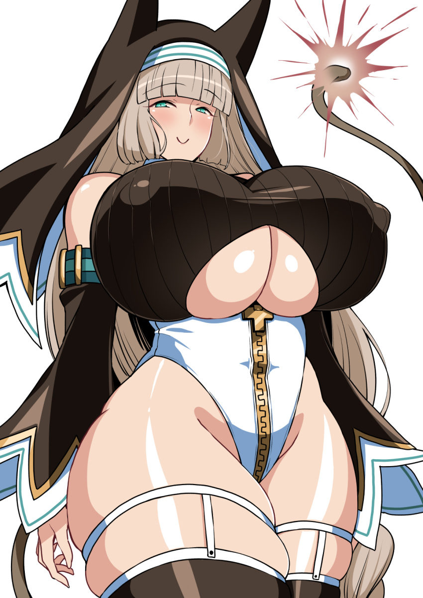 1girl aqua_eyes bombergirl breasts brown_hair brown_legwear commentary_request covered_nipples curvy fuse habit highres huge_breasts komusou_(jinrikisha) lit_fuse long_hair looking_at_viewer sepia_belmont simple_background skindentation smile solo thick_thighs thigh-highs thighs under_boob white_background zipper