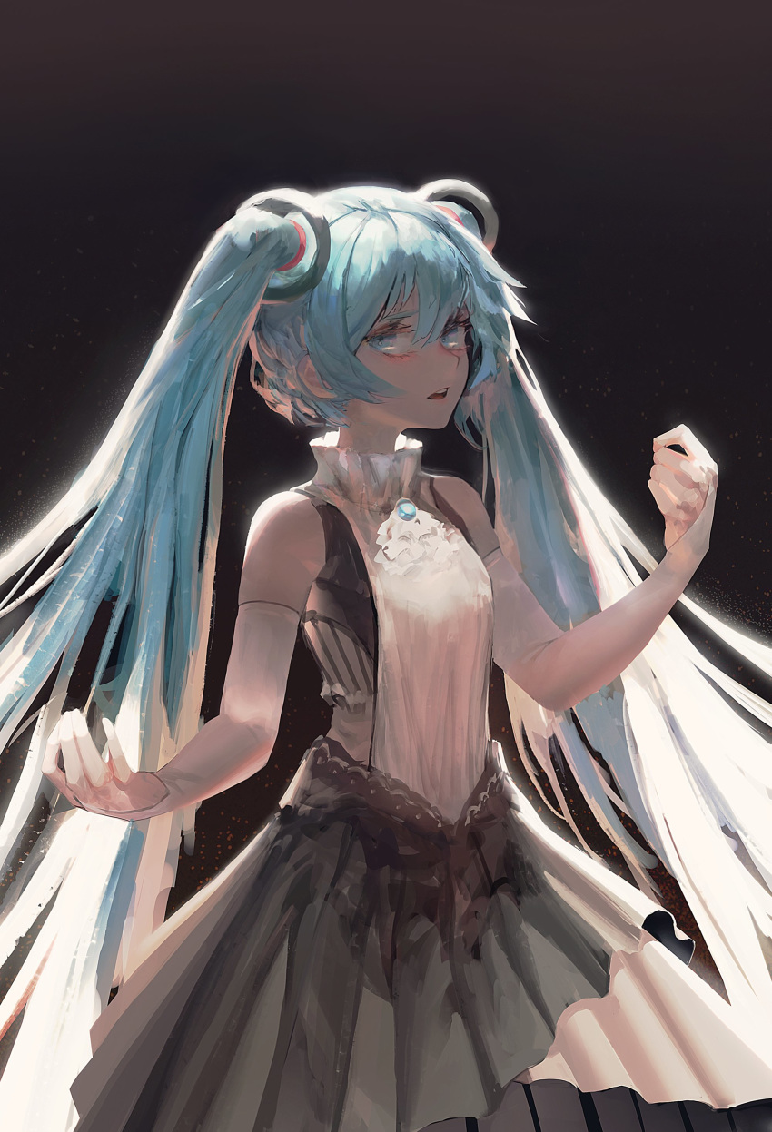 1girl absurdres aqua_eyes aqua_hair bangs bare_shoulders blue_eyes blue_hair blush breasts brooch dark_background detached_sleeves dress grey_dress hair_between_eyes hair_ornament hatsune_miku highres jewelry long_hair long_sleeves loocollar looking_at_viewer open_mouth rsef shaded_face shadow simple_background solo teeth twintails upper_body very_long_hair vocaloid white_neckwear