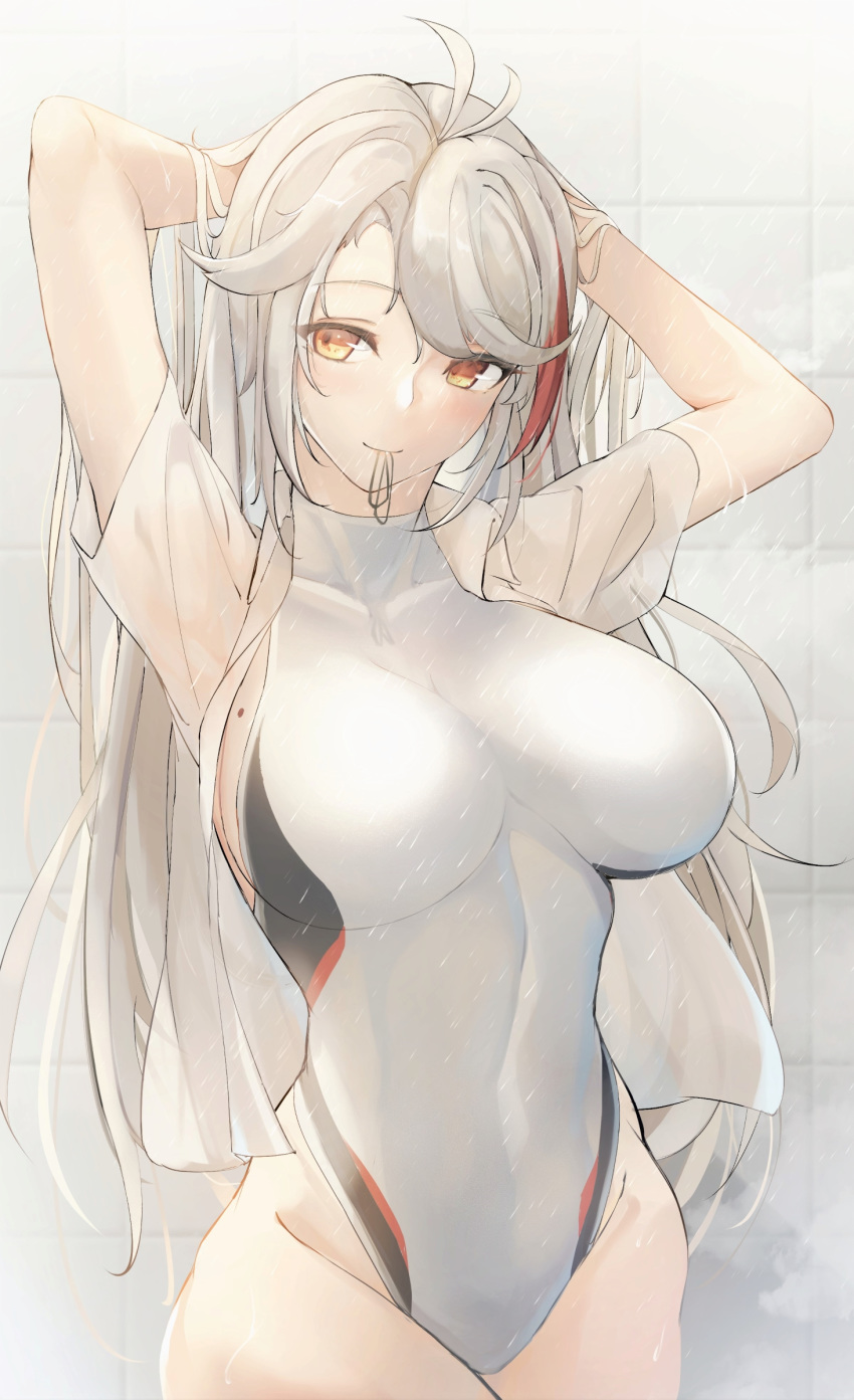 1girl absurdres antenna_hair arms_behind_head arms_up azur_lane bangs blush breasts closed_mouth collared_shirt covered_navel dress_shirt highleg highleg_swimsuit highres large_breasts long_hair looking_at_viewer mole mole_on_breast multicolored_hair one-piece_swimsuit open_clothes open_shirt orange_eyes prinz_eugen_(azur_lane) redhead shirt short_sleeves silver_hair smile streaked_hair swept_bangs swimsuit wet white_shirt white_swimsuit yusha_(m-gata)
