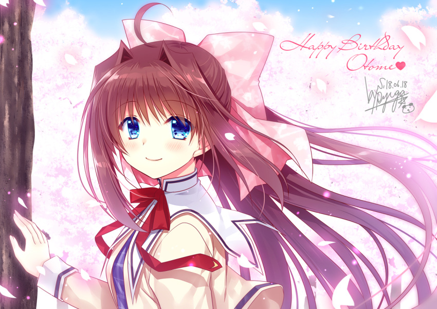 1girl ahoge asakura_otome blue_dress blue_eyes blue_sky blush bow bowtie brown_hair cherry_blossoms commentary_request da_capo da_capo_ii dated dress eyebrows_visible_through_hair floating_hair hair_between_eyes hair_bow happy_birthday jacket long_hair long_sleeves looking_at_viewer looking_to_the_side petals pink_bow ryuuga_shou school_uniform serafuku signature sky smile solo tree yellow_jacket
