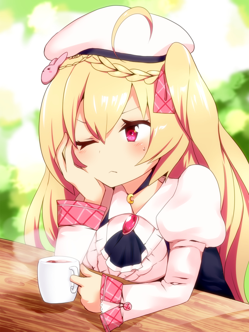 1girl ;( ahoge azur_lane bangs beret blonde_hair blurry blurry_background blush braid breasts brooch bunny_hair_ornament collared_shirt commentary_request crescent_(azur_lane) cup eyebrows_behind_hair green_background hair_between_eyes hair_ornament hair_ribbon hand_on_own_cheek hat highres holding holding_cup jewelry kinokoshigure long_hair long_sleeves looking_away medium_breasts mug plaid plaid_ribbon puffy_long_sleeves puffy_sleeves red_eyes retrofit_(azur_lane) ribbon shadow shirt sidelocks sitting solo steam table tea two_side_up upper_body very_long_hair white_shirt