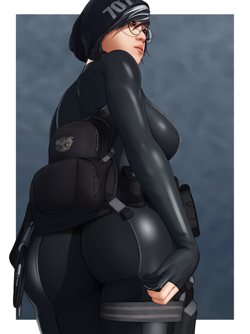 1girl aethos ass ass_support back backpack bag bangs beanie black_gloves black_hair black_headwear black_legwear bodysuit breasts brown_eyes closed_mouth cowboy_shot dokkaebi_(rainbow_six_siege) fingerless_gloves from_behind glasses gloves hat highres large_breasts lips looking_away looking_to_the_side military military_uniform multicolored_hair nail_polish pouch rainbow_six_siege round_eyewear silver_hair simple_background skin_tight solo standing thigh_strap tight two-tone_hair uniform