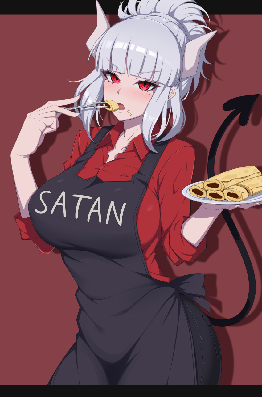 1girl absurdres apron black_apron black_background black_tail blush breasts demon_girl demon_horns demon_tail eating eyebrows_visible_through_hair food food_on_face gloves helltaker highres holding holding_plate horns huge_breasts long_hair looking_at_viewer lucifer_(helltaker) mole mole_under_eye pancake plate red_background red_eyes red_shirt rubewe shirt solo tail two-tone_background white_hair white_horns