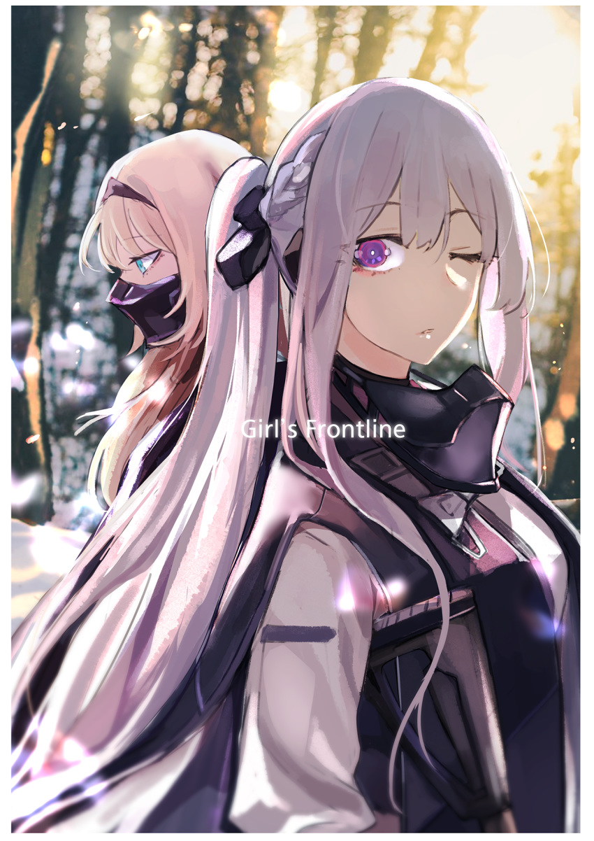 2girls ak-12_(girls_frontline) an-94_(girls_frontline) artificial_eye bangs braid eyebrows_visible_through_hair french_braid girls_frontline hair_between_eyes headband high_ponytail highres long_hair looking_at_viewer mask mechanical_eye mmm_(ji1945) multiple_girls one_eye_closed platinum_blonde_hair sidelocks silver_hair tactical_clothes violet_eyes