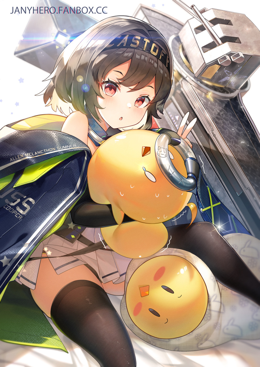 0_0 1girl animal animal_hug azur_lane bangs bare_shoulders bed_sheet bird black_hair black_legwear black_sleeves blue_cape blue_collar blush blush_stickers breasts cape chestnut_mouth chick clothes_writing collar commentary cooper_(azur_lane) cowboy_shot detached_sleeves dress glint hachimaki hair_between_eyes hair_intakes headband highres janyhero lens_flare looking_at_viewer manjuu_(azur_lane) multicolored multicolored_cape multicolored_clothes o-ring_collar off_shoulder on_bed panties panty_peek pink_eyes pleated_dress rigging shirt short_hair sidelocks simple_background sitting small_breasts solo_focus starry_background strapless strapless_dress sweat tears thigh-highs trembling turret underwear v watermark web_address white_background white_dress zettai_ryouiki