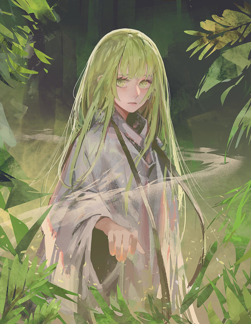 1other abstract_background androgynous bangs closed_mouth commentary_request enkidu_(fate/strange_fake) fate/grand_order fate/strange_fake fate_(series) green_eyes green_hair hair_between_eyes highres long_hair looking_at_viewer otoko_no_ko outdoors plant robe rsef sidelocks solo standing very_long_hair white_robe wide_sleeves