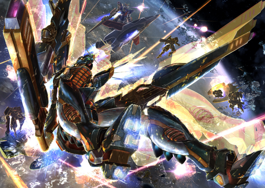 absurdres afterimage batalla battle beam_rifle crossbone_gundam deraken dual_wielding energy_gun explosion f90_gundam f91_gundam_harrison_custom from_below glowing glowing_eyes green_eyes gun gundam highres holding holding_gun holding_weapon huge_filesize looking_up mecha no_humans planet solo_focus space thrusters weapon