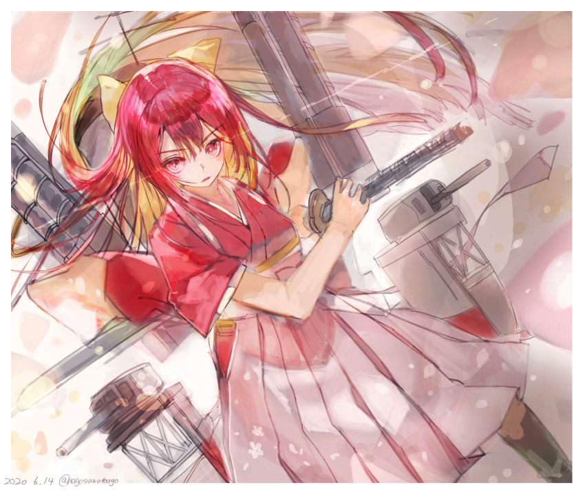 1girl bangs border bow dated hair_bow hakama highres holding holding_sword holding_weapon japanese_clothes kamikaze_(kantai_collection) kantai_collection kimono long_hair meiji_schoolgirl_uniform nagasawa_tougo pink_hakama red_eyes red_kimono redhead rigging solo sword tasuki twitter_username weapon white_border yellow_bow