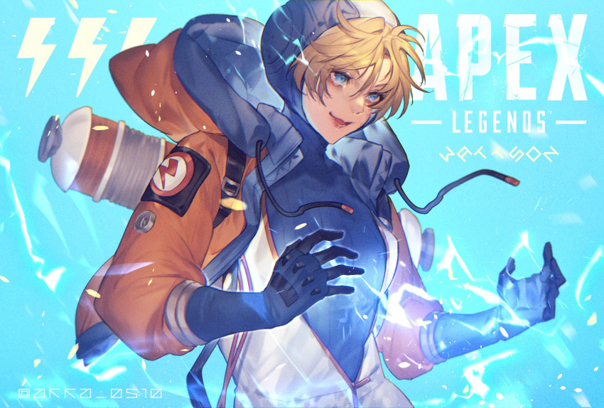 1girl :d apex_legends bangs biribiri blonde_hair blue_background blue_bodysuit blue_eyes blunt_bangs bodysuit breasts burn_scar character_name commentary_request copyright_name cropped_jacket drawstring electricity eyebrows_visible_through_hair eyelashes facial_scar hair_between_eyes hands_up highres jacket lichtenberg_figure long_sleeves looking_away mizutama_(mao11260510) open_clothes open_jacket open_mouth scar scar_on_cheek short_hair simple_background smile solo standing turtleneck twitter_username upper_body wattson_(apex_legends) zipper