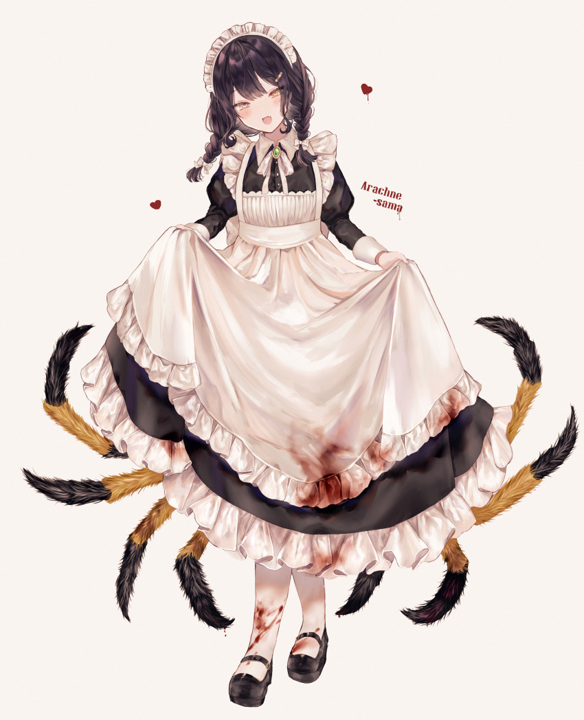 1girl :d absurdres apron bangs beige_background black_dress black_footwear black_hair blood bloody_clothes blush braid brown_background brown_eyes commentary_request dress eyebrows_visible_through_hair fang frilled_apron frilled_dress frills full_body hair_ornament hairclip half-closed_eyes head_tilt heart highres huge_filesize insect_girl juliet_sleeves long_dress long_hair long_sleeves looking_at_viewer low_twintails maid maid_apron maid_headdress open_mouth original pantyhose puffy_sleeves red_eyes ribbon shoes simple_background smile solo spider_girl standing tarantula twin_braids twintails white_apron white_legwear white_ribbon y_o_u_k_a yellow_eyes