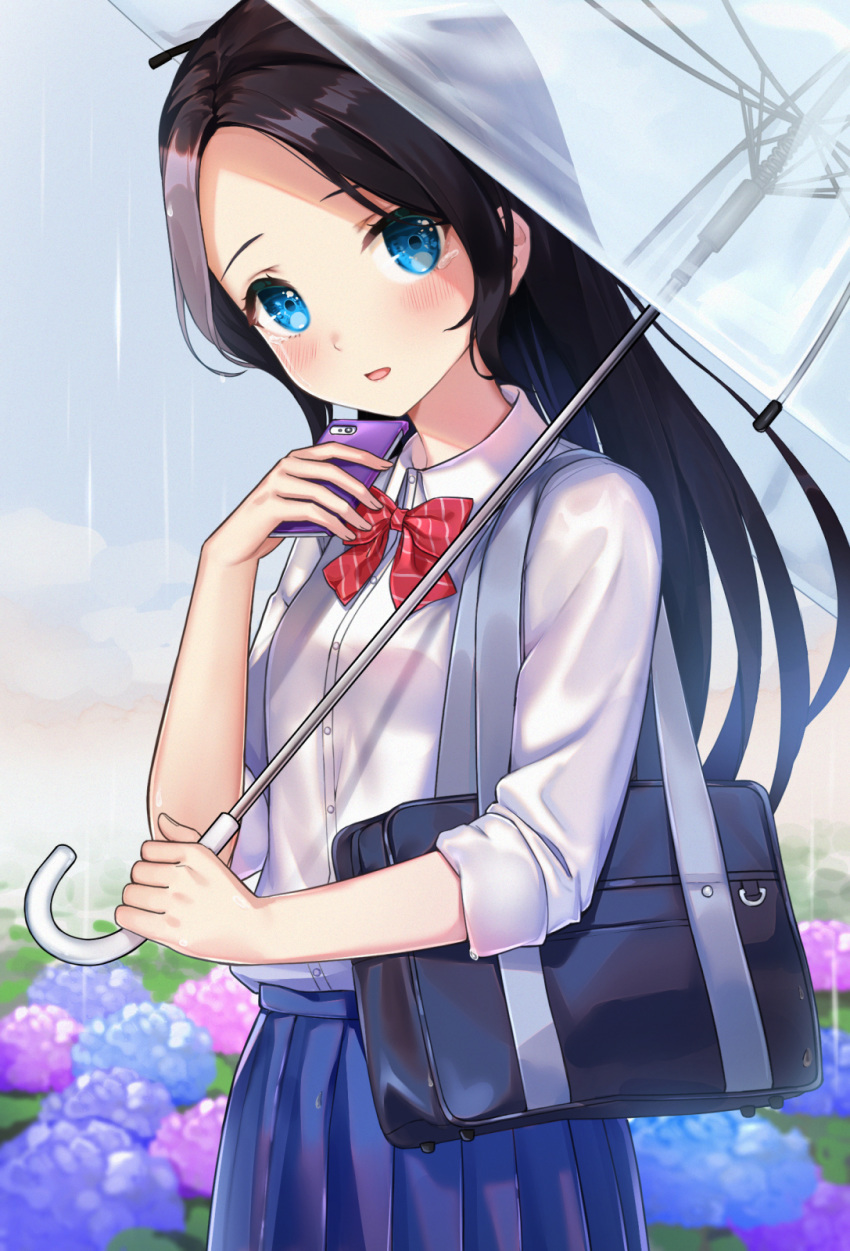 1girl bag black_hair blue_eyes blue_flower blue_skirt blush bow bowtie cellphone collared_shirt commentary_request flower hachinatsu highres holding holding_phone holding_umbrella hydrangea long_hair looking_at_viewer no_bangs open_mouth original outdoors parted_hair phone pink_flower pleated_skirt rain red_neckwear school_bag school_uniform shirt skirt smartphone smile solo striped striped_neckwear transparent transparent_umbrella umbrella white_shirt