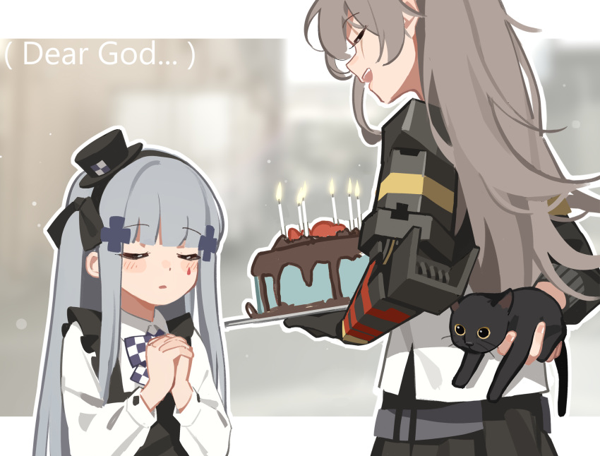 2girls alternate_costume arm_behind_back bangs black_cat cake cat closed_eyes commentary_request english_text eyebrows_visible_through_hair facial_mark food girls_frontline grey_hair hair_ornament hairband hands_clasped hat highres hk416_(girls_frontline) long_hair long_sleeves mechanical_arm mini_hat mod3_(girls_frontline) multiple_girls open_mouth outline own_hands_together photo-referenced scar scar_across_eye sidelocks tianliang_duohe_fangdongye ump45_(girls_frontline) white_outline younger