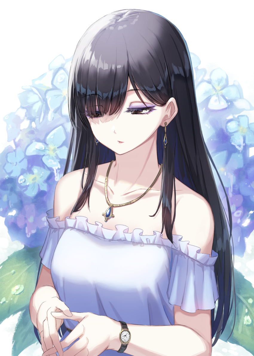 1girl bangs bare_shoulders black_hair blue_flower brown_eyes closed_mouth collarbone commentary_request dress earrings eyebrows_visible_through_hair eyeshadow flower frilled_dress frills gohei_(aoi_yuugure) hair_over_one_eye half-closed_eyes hands_together highres jewelry long_hair makeup off-shoulder_dress off_shoulder original own_hands_together pendant simple_background solo watch watch water_drop white_background white_dress