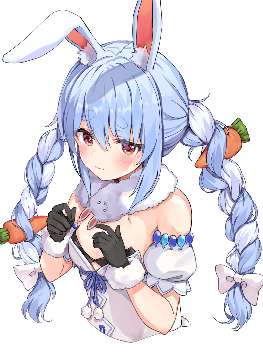 1girl absurdres animal_ear_fluff animal_ears bangs bare_shoulders black_gloves black_leotard blue_hair blush bow breasts carrot_hair_ornament closed_mouth commentary_request cropped_torso detached_sleeves dress eyebrows_visible_through_hair food_themed_hair_ornament fur-trimmed_gloves fur_trim gloves hair_between_eyes hair_bow hair_ornament hands_up highres hololive leotard long_hair multicolored_hair puffy_short_sleeves puffy_sleeves rabbit_ears racchi. red_eyes short_eyebrows short_sleeves simple_background small_breasts solo strapless strapless_dress strapless_leotard tears thick_eyebrows twintails two-tone_hair upper_body usada_pekora very_long_hair virtual_youtuber white_background white_bow white_dress white_hair white_sleeves