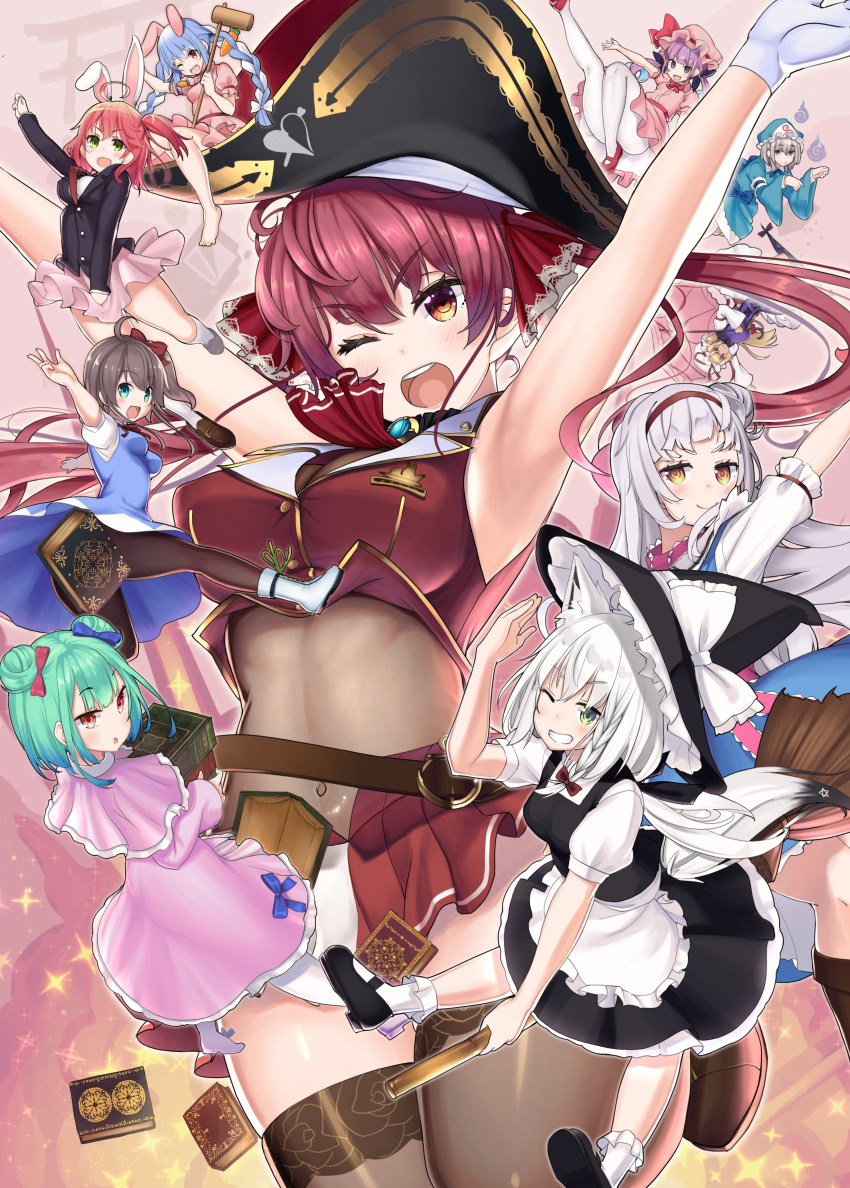 6+girls absurdres ahoge alice_margatroid alice_margatroid_(cosplay) animal_ear_fluff animal_ears armpits arms_up black_dress black_jacket black_legwear blazer blue_bow blue_dress blue_hair blue_kimono bodysuit book bow braid broom broom_riding brown_hair carrot_hair_ornament carrot_necklace cirno cirno_(cosplay) convenient_censoring cosplay cover cover_page covered_navel dark_skin double_bun dress food_themed_hair_ornament fox_ears fox_tail gloves green_eyes green_hair grin hair_bow hair_ornament hat highres holding holding_mallet hololive houshou_marine inaba_tewi inaba_tewi_(cosplay) itou_life jacket japanese_clothes jumping kimono kirisame_marisa kirisame_marisa_(cosplay) looking_at_viewer minato_aqua miniskirt mob_cap multiple_girls murasaki_shion natsuiro_matsuri official_art one_eye_closed open_mouth pantyhose parasol patchouli_knowledge patchouli_knowledge_(cosplay) pink_dress pink_skirt pirate_hat purple_hair red_bow red_eyes redhead reisen_udongein_inaba reisen_udongein_inaba_(cosplay) remilia_scarlet remilia_scarlet_(cosplay) round_teeth saigyouji_yuyuko saigyouji_yuyuko_(cosplay) sakura_miko shirakami_fubuki shiranui_flare shirogane_noel side_ponytail silver_hair skirt smile smug tail teeth thigh-highs thighs touhou twin_braids umbrella uruha_rushia usada_pekora virtual_youtuber white_gloves white_hair white_legwear witch_hat yakumo_yukari yakumo_yukari_(cosplay) zettai_ryouiki