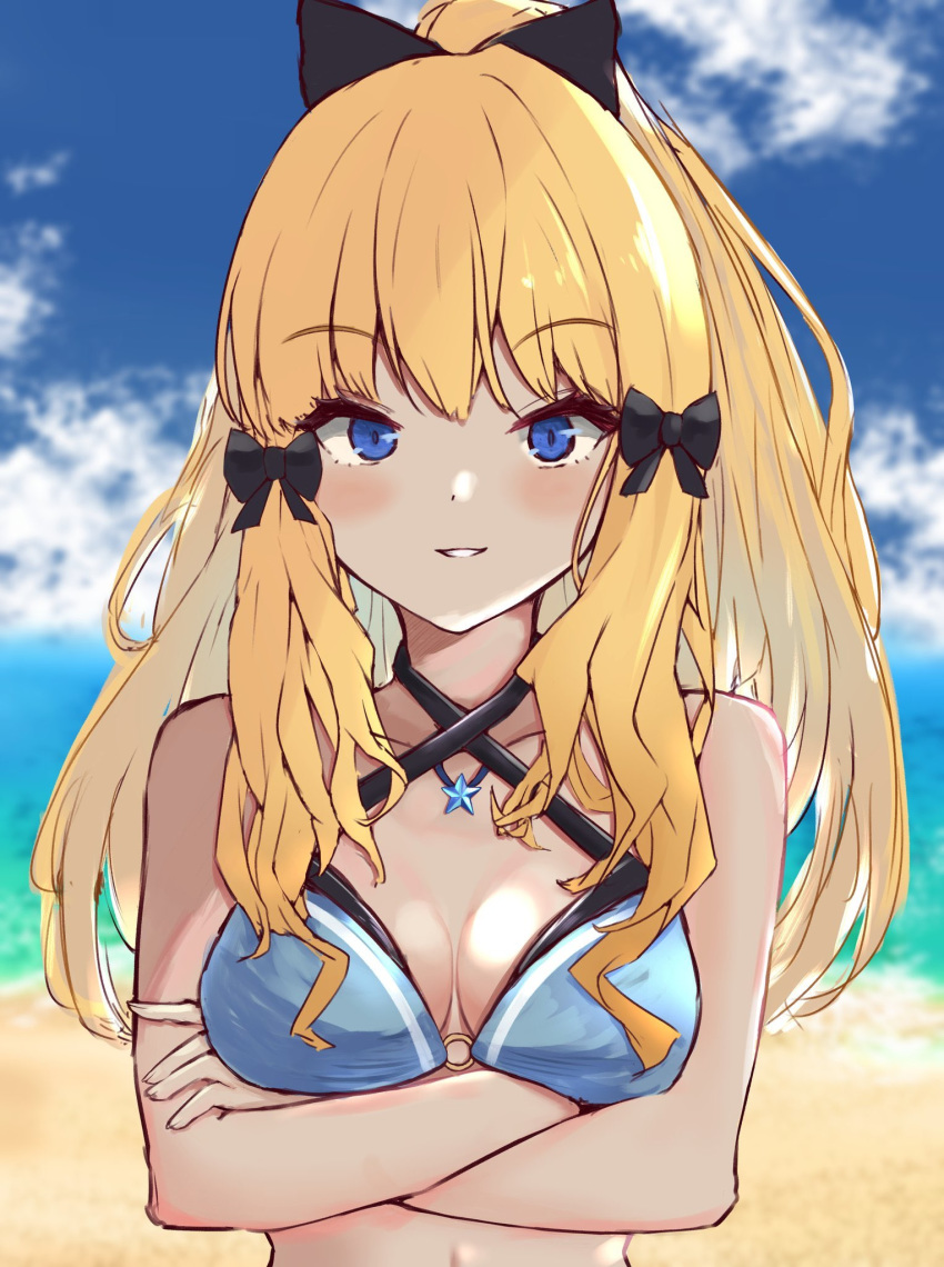 1girl 1x4v4 bikini black_bow blonde_hair blue_eyes blush bow breasts elf eyebrows_visible_through_hair flower hair_bow hair_flower hair_ornament highres large_breasts long_hair looking_at_viewer pointy_ears ponytail princess_connect! princess_connect!_re:dive saren_(princess_connect!) smile solo swimsuit