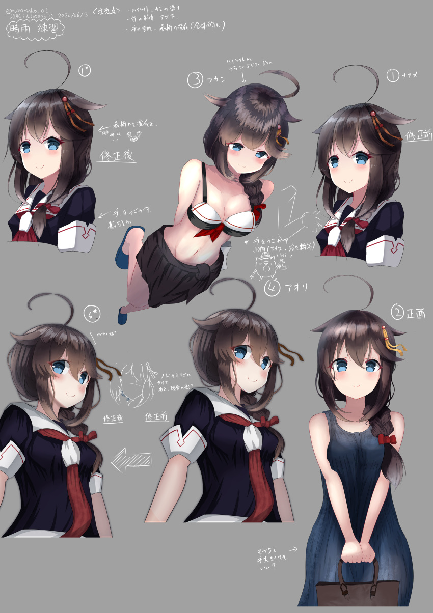 1girl absurdres adapted_costume ahoge bikini black_bikini black_hair black_sarong black_serafuku black_shirt blue_eyes braid commentary_request from_above full_body grey_background hair_flaps hair_ornament hair_over_shoulder highres kantai_collection looking_at_viewer multiple_views neckerchief numarinko red_neckwear remodel_(kantai_collection) sarong school_uniform serafuku shigure_(kantai_collection) shirt single_braid standing swimsuit tank_top translation_request upper_body