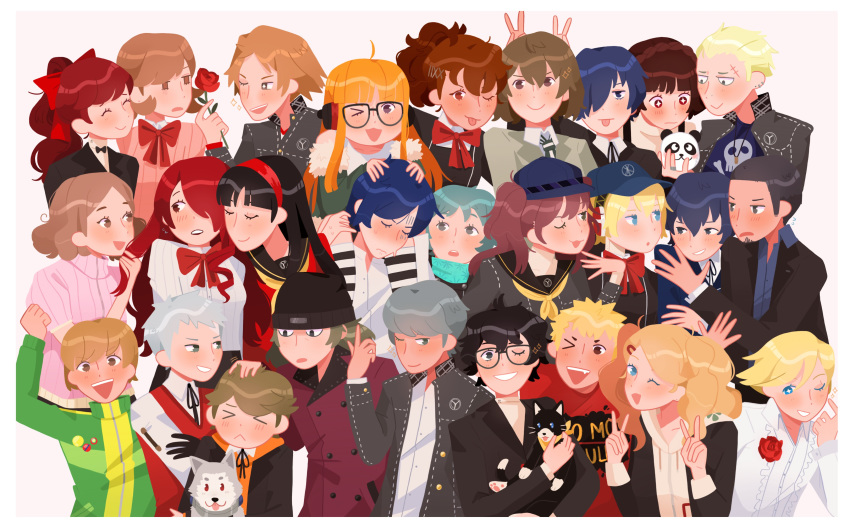 6+boys 6+girls absurdres aegis_(persona) akechi_gorou amada_ken amagi_yukiko amamiya_ren aragaki_shinjirou cat dog everyone female_protagonist_(persona_3) gekkoukan_high_school_uniform glasses hanamura_yousuke hat highres iori_junpei kirijou_mitsuru kitagawa_yuusuke koromaru kujikawa_rise kuma_(persona_4) looking_at_viewer morgana_(persona_5) multiple_boys multiple_girls narukami_yuu niijima_makoto okumura_haru persona persona_3 persona_3_portable persona_4 persona_5 persona_5_the_royal sakamoto_ryuuji sakura_futaba sanada_akihiko satonaka_chie school_uniform shirogane_naoto shuujin_academy_uniform smile sodapeche takamaki_anne takeba_yukari tatsumi_kanji yamagishi_fuuka yasogami_school_uniform yoshizawa_kasumi yuuki_makoto