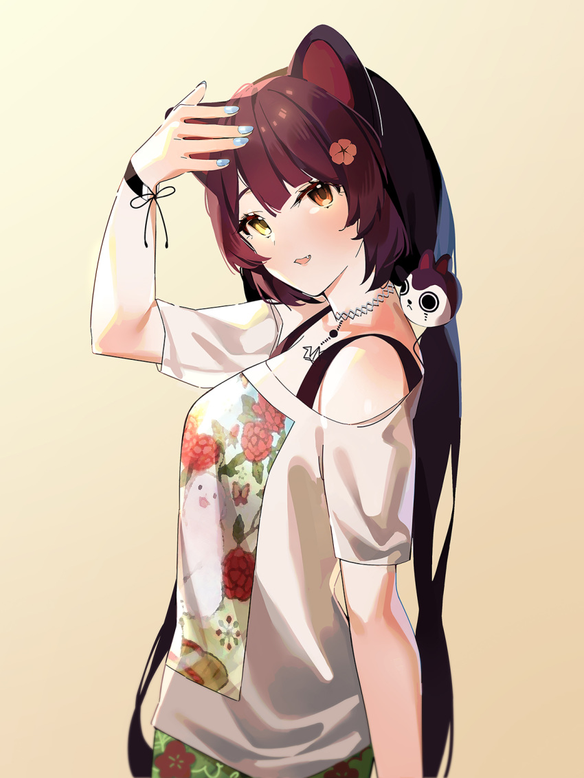 1girl animal_ears arm_up bangs bare_shoulders beige_background blue_nails blush breasts brown_background brown_eyes brown_hair dog_ears dog_hair_ornament eyebrows_behind_hair fang floral_print flower gradient gradient_background green_skirt hair_flower hair_ornament heterochromia highres inui_toko long_hair low_twintails mania_(fd6060_60) medium_breasts nail_polish nijisanji off-shoulder_shirt off_shoulder parted_lips print_shirt print_skirt red_flower shirt short_sleeves skirt solo twintails very_long_hair virtual_youtuber white_shirt
