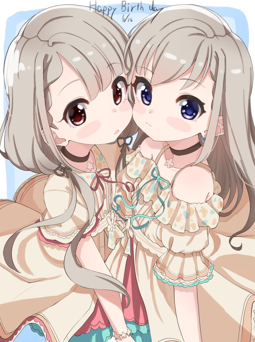 2girls bangs blue_eyes blush_stickers braid brown_choker brown_dress brown_eyes choker closed_mouth collarbone commentary_request dated dress eyebrows_visible_through_hair grey_hair happy_birthday highres hisakawa_hayate hisakawa_nagi idolmaster idolmaster_cinderella_girls idolmaster_cinderella_girls_starlight_stage long_hair low_twintails multiple_girls off-shoulder_dress off_shoulder parted_lips puffy_short_sleeves puffy_sleeves shiwa_(siwaa0419) short_sleeves siblings sisters star_(symbol) twins twintails very_long_hair