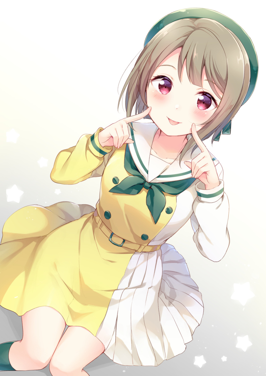 1girl :p bangs blush commentary_request double-breasted dress fingers_to_cheeks green_neckwear grey_hair hat hat_ribbon hazuki_(sutasuta) highres long_sleeves looking_at_viewer love_live! love_live!_school_idol_festival_all_stars nakasu_kasumi neckerchief perfect_dream_project ribbon sailor_dress short_hair sitting solo starry_background tongue tongue_out two-tone_dress violet_eyes yellow_dress