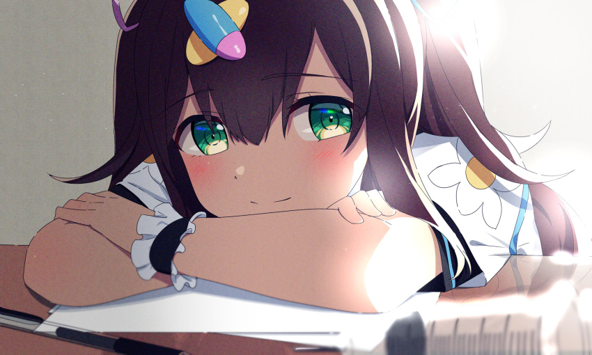 1girl blush crossed_arms green_eyes hanamori_healthy highres long_hair looking_at_viewer melty+ mkt paper pen portrait simple_background smile solo syringe table virtual_youtuber