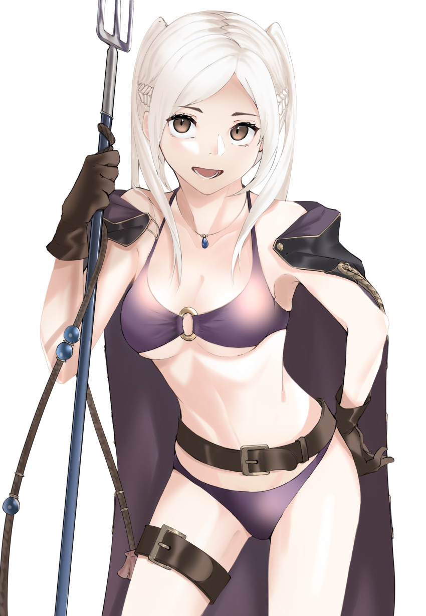 1girl belt brown_eyes brown_gloves fire_emblem fire_emblem_awakening fire_emblem_heroes gloves highres holding jewelry necklace o-ring o-ring_bikini open_mouth polearm robin_(fire_emblem) robin_(fire_emblem)_(female) simple_background solo thigh_strap tpicm twintails weapon white_background white_hair