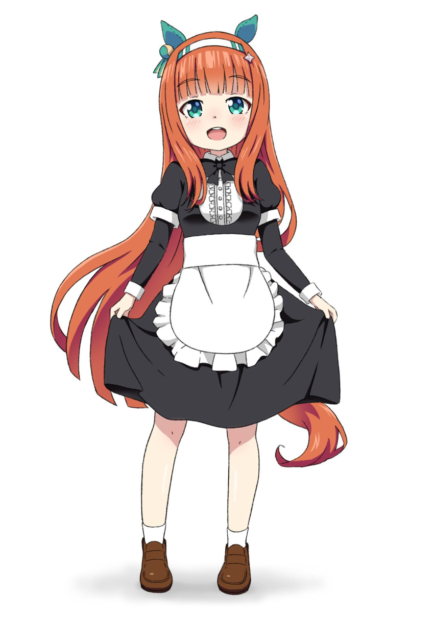 1girl alternate_costume animal_ears apron bangs black_dress black_neckwear blunt_bangs bow bowtie brown_footwear collared_dress commentary dress ear_covers enmaided eyebrows_visible_through_hair frilled_apron frills full_body green_eyes hairband highres horse_ears horse_girl horse_tail juliet_sleeves kumaji_(kumazidayo) loafers long_sleeves looking_at_viewer maid medium_dress open_mouth orange_hair puffy_sleeves shoes silence_suzuka simple_background skirt_hold smile socks solo standing straight_hair tail umamusume waist_apron white_apron white_background white_hairband white_legwear younger