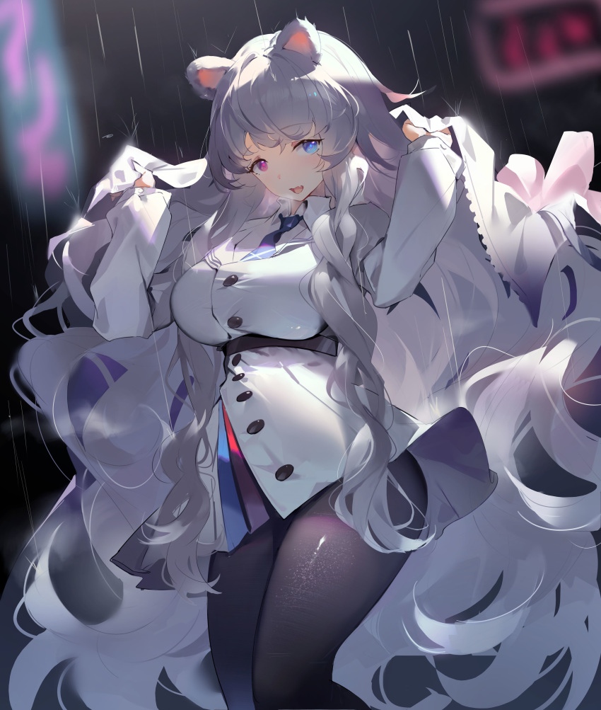 1girl :d absurdres animal_ears arknights bangs bear_ears belt big_hair black_legwear blue_eyes blurry blurry_background braid breasts cubies_(tiger_205) dress fang feet_out_of_frame grey_hair hair_undone hands_up heavy_breathing heterochromia highres holding jacket large_breasts long_hair long_sleeves looking_at_viewer microdress necktie open_mouth pantyhose partially_unbuttoned poca_(arknights) rain red_eyes silver_hair single_braid skin_fang smile solo standing twin_braids very_long_hair w_arms wavy_hair white_dress