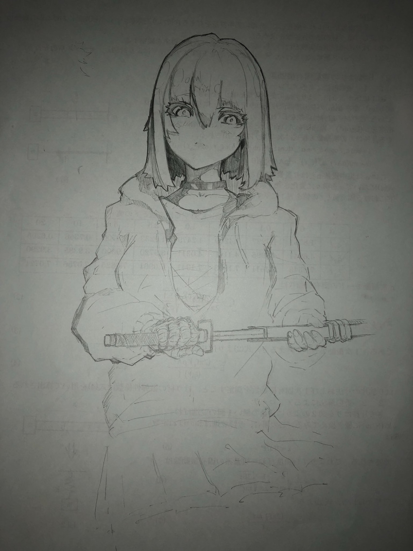1girl bandaged_hand bandages choker closed_mouth collarbone cross_goli eyebrows_visible_through_hair eyes_visible_through_hair fingernails greyscale hair_between_eyes hatching_(texture) highres holding holding_sword holding_weapon hood hood_down hoodie katana monochrome original photo scabbard sheath short_hair sketch skirt solo sword traditional_media unsheathing weapon