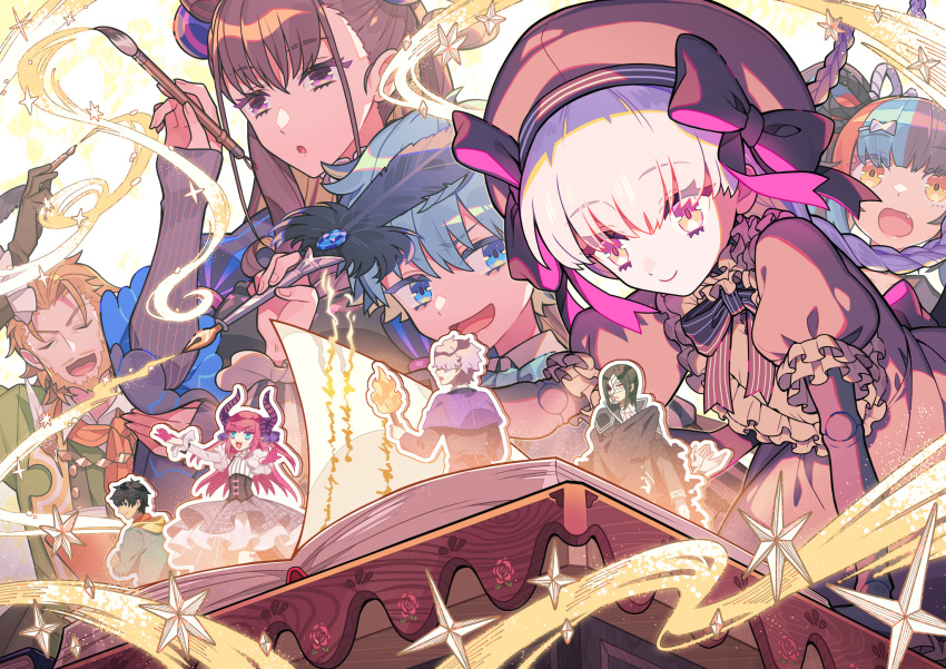 arash_(fate) beard blue_hair book bow braid brown_hair calligraphy_brush cutout doll_joints elizabeth_bathory_(fate) elizabeth_bathory_(fate)_(all) facial_hair fang fate/grand_order fate_(series) fountain_pen galahad_(fate) ggk-kgr hans_christian_andersen_(fate) hat highres joints magic multicolored_hair murasaki_shikibu_(fate) nursery_rhyme_(fate/extra) open_book paintbrush pen phantom_of_the_opera_(fate/grand_order) quill sei_shounagon_(fate) smile twin_braids white_hair william_shakespeare_(fate)