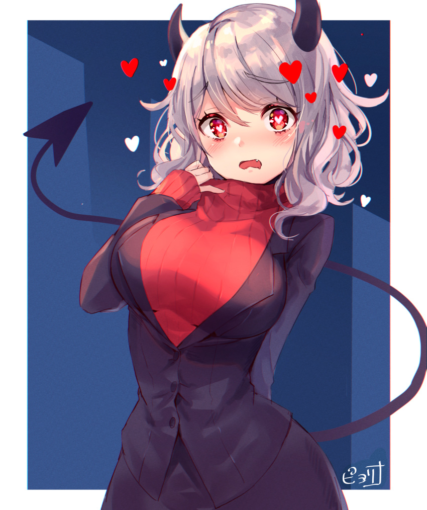 1girl bangs black_horns black_jacket black_skirt black_suit black_tail blush breasts commentary_request demon_girl demon_horns demon_tail eyebrows_visible_through_hair fang heart heart-shaped_pupils helltaker highres horns jacket large_breasts long_sleeves looking_at_viewer modeus_(helltaker) open_mouth piyoyanagi red_eyes red_sweater ribbed_sweater short_hair skirt solo sweater symbol-shaped_pupils tail turtleneck white_hair